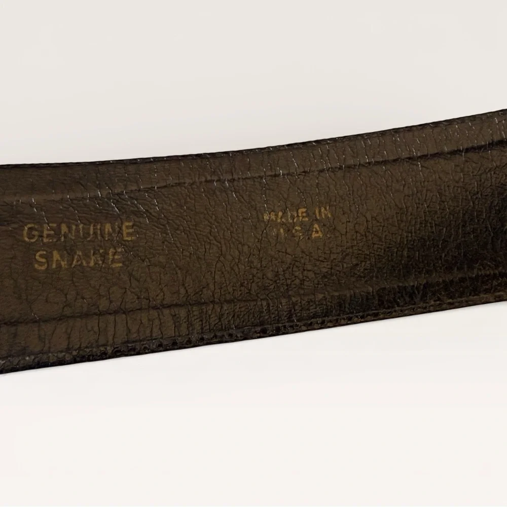 Vintage 90s Accessocraft Gold Belt Buckle w/ Black Snakeskin Leather Belt 29” - Picture 11 of 12